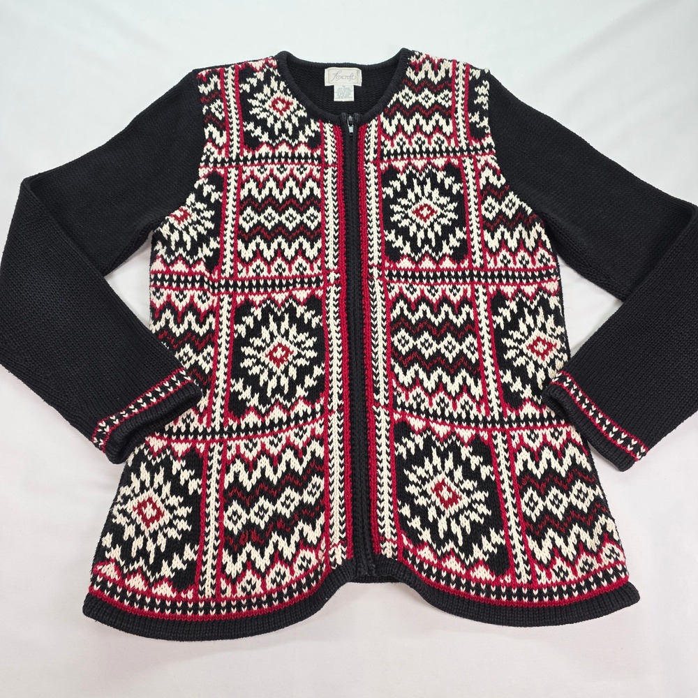 Vtg Foxcroft Womens Fair Isle Zip Front Cardigan Sweater‎ Black Geometric Size M